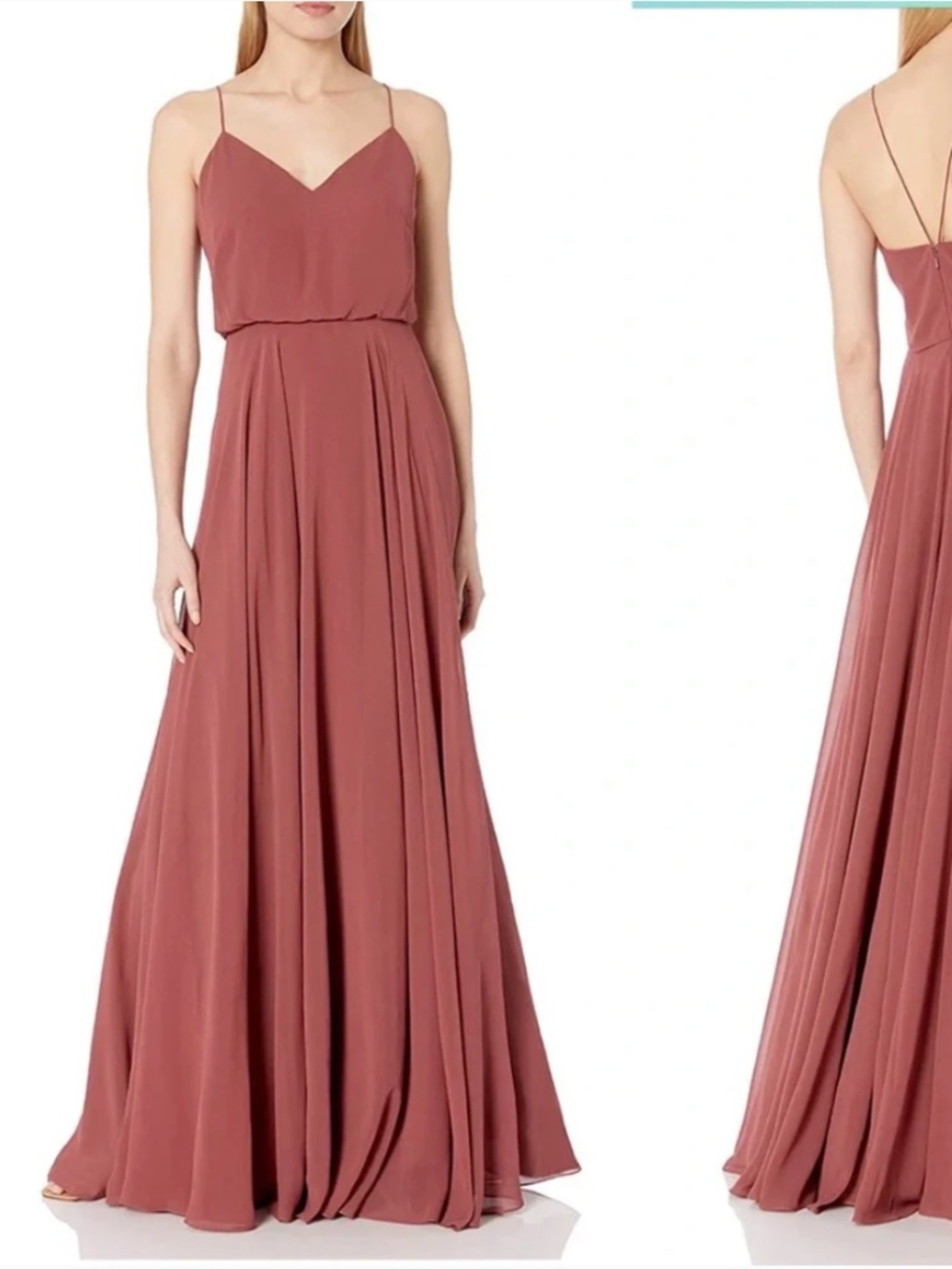 Jenny Yoo Inesse Thin Strap V Neck Long Chiffon Gown Dusty Rose Lined Flowy Sz.2